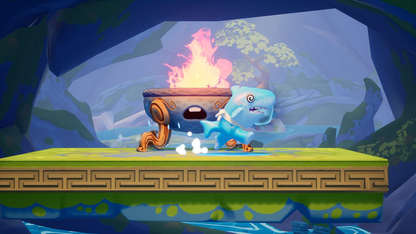 The fire bowl in the scenery: a collectible element disguised as a prop, with a subtle edge highlight.